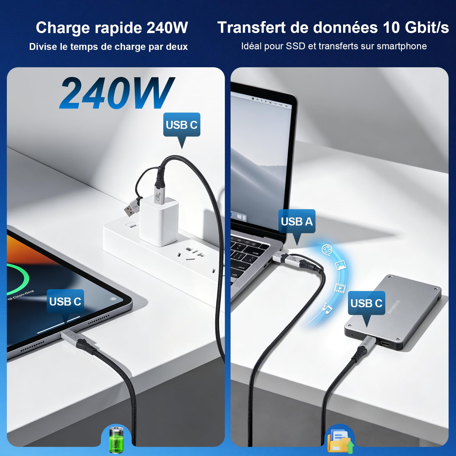 Câble2-en-1 USB A/C vers USB-C,240W,20Gbps,Vidéo 8K@60Hz，
