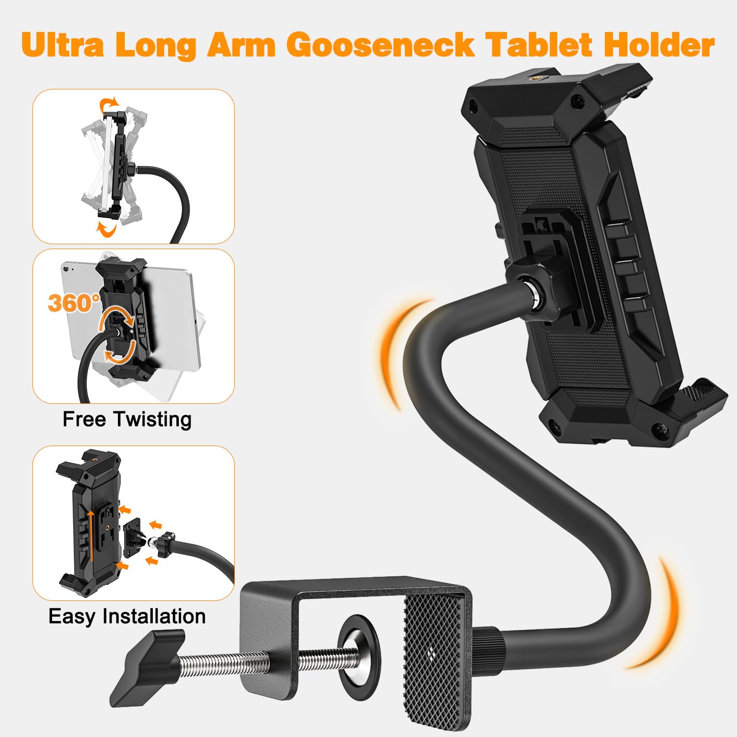 JUBOURI Support Tablette avec col de Cygne de, Support Tablette Bureau, Support de Tablette, Porte Tablette Rotatif à 360°, Support pour iPad, Téléphones Ou Autres Appareils avec 4,5 À 13,5"
