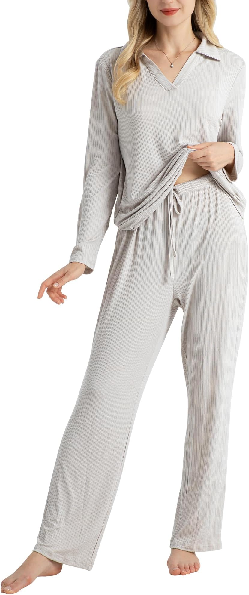 Women's Pyjamas Set, Ladies Pyjamas Long Sleeve Striped Shirt with Suit Collar and Wide Leg Trousers Comfy Loungewear, Ultra-Soft Nightwear PJS