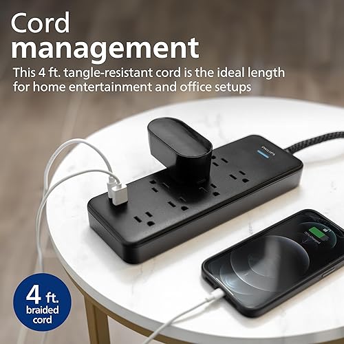 Miniatura 5 de Philips Adaptador de 7 tomacorrientes espaciado, cable trenzado de 4 pies, tira de alimentación con carga USB, para la escuela y la oficina en casa,