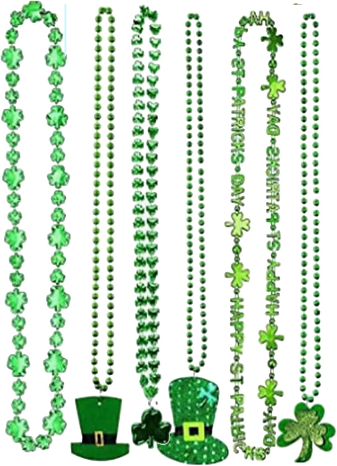 Pack of 6 St. Patrick's Day Shamrock Necklace Clover Green Bead Party Favors Irish Beer Decor Metallic Green 33in - Image 3
