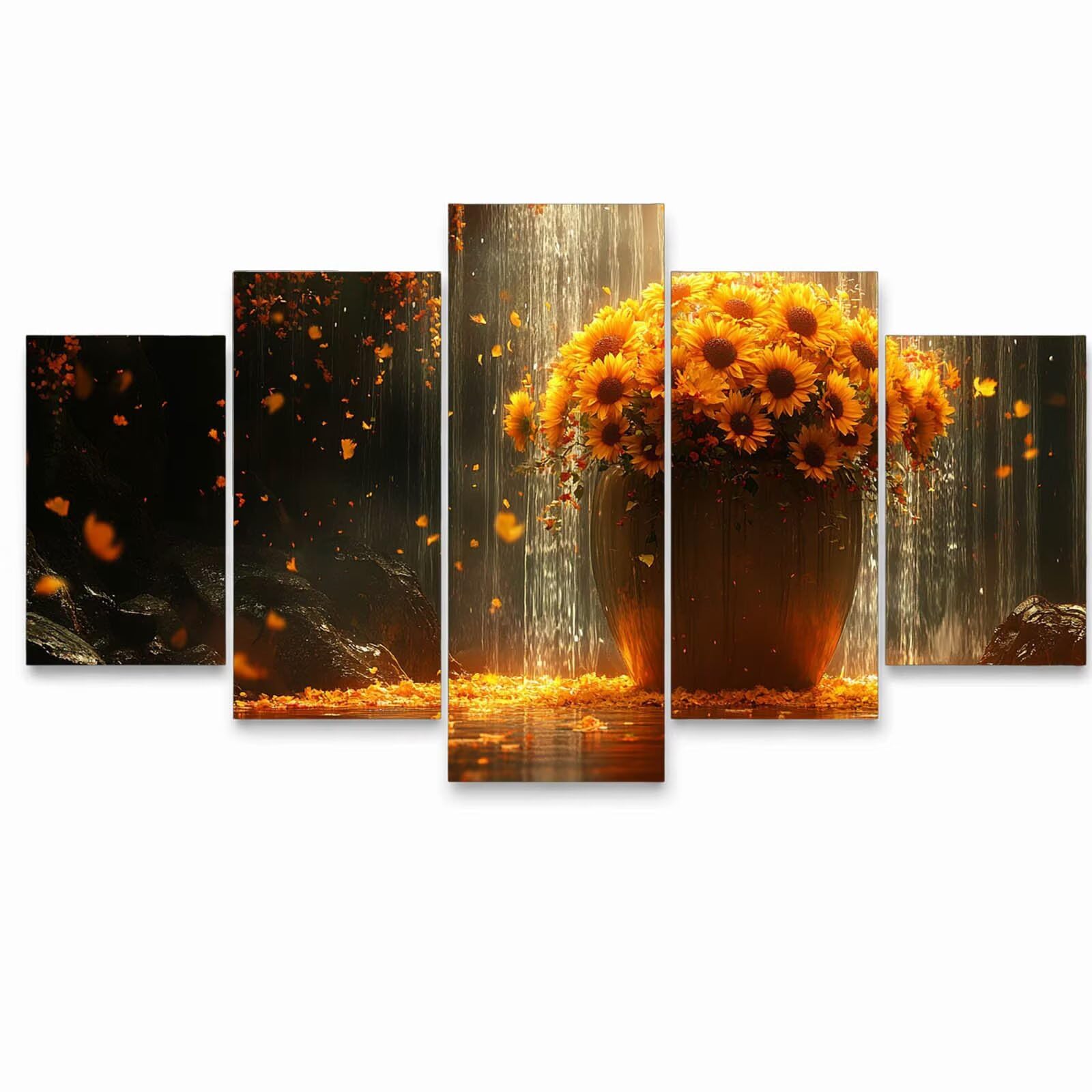 5 Pack Leuchtend Malen Nach Zahlen Erwachsene Sonnenblume YCBZ-3516 | DIY Set Erwachsene mit Pinselset Acrylfarben Set Fünf Leinwand zum Bemalen Wasserfall Deko Wohnzimmer Geschenke für Frauen