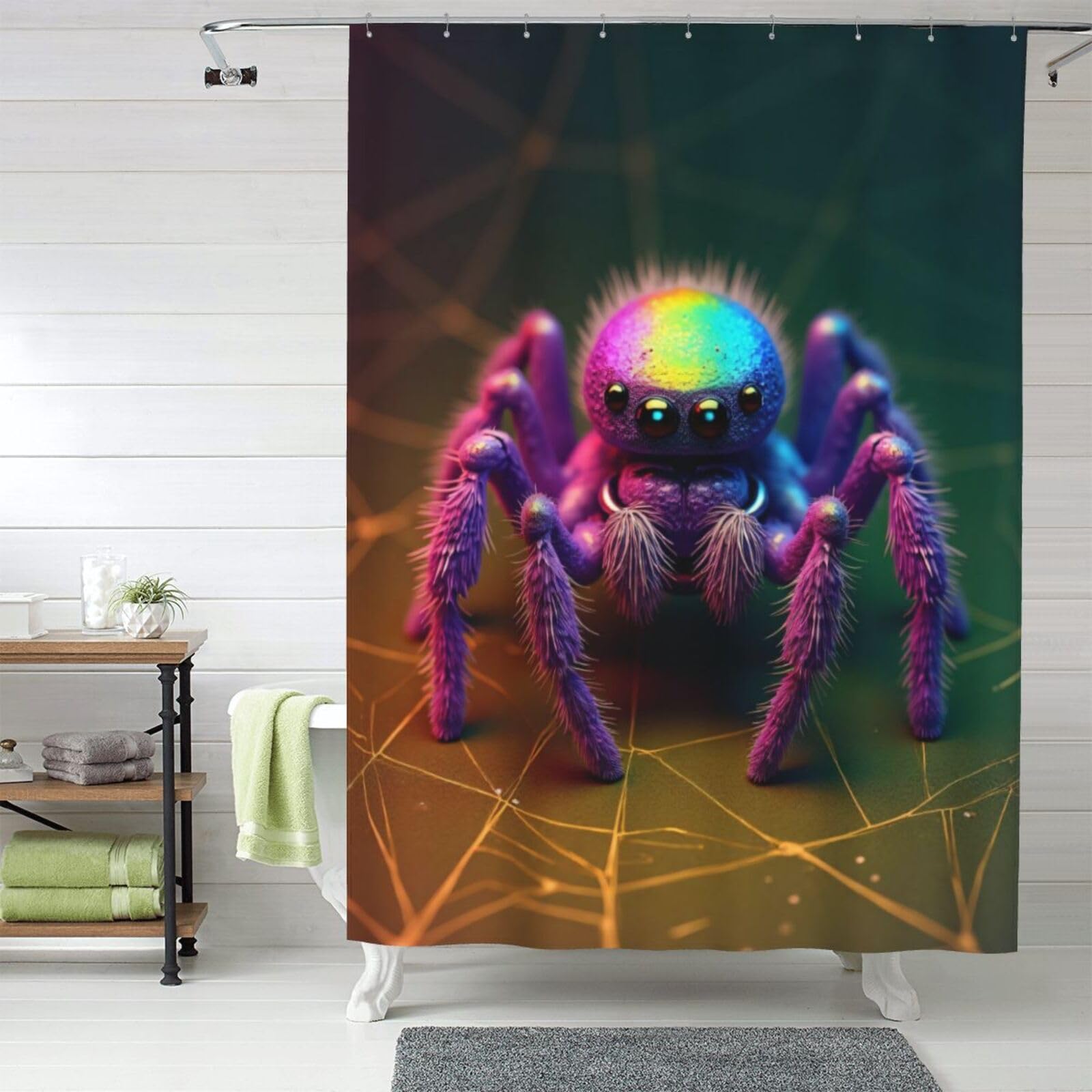 Rideau de douche avec crochets motif araignée colorée en tissu 152x183