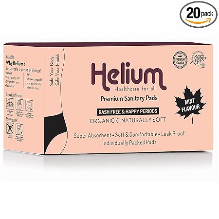 Helium Mint Flavour Premium Sanitary Pads - (Pack Of 20 Pads - XL,280mm),Pure Cottene,100% Rash-Free,Full-Day&Full-Night,High Absorbent,Chlorine Free,Mint Fragrance.