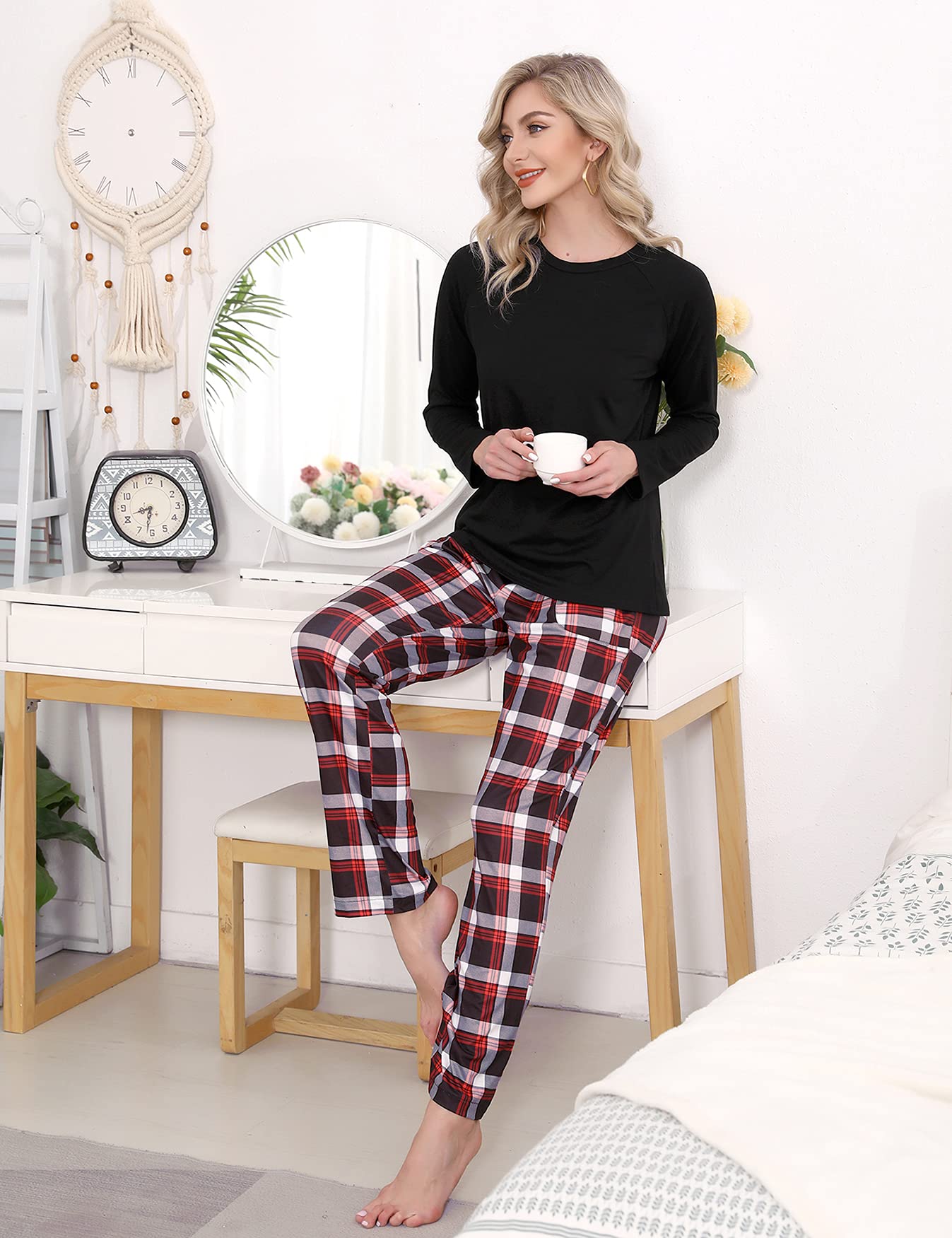 Uniexcosm Pigiama Donna, Pigiama a Quadri Donna Lungo Pigiama da Donna Cotone Leggero con Girocollo Pigiama 2 Pezzi Donna con Tasca Sciolto Accogliente per Casa e Casuale