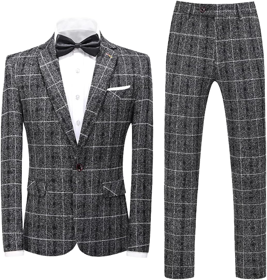 Men's Three Pieces Plaid Suit Single Breasted Button Business Tuxedos (Jacket+Vest+Pants)