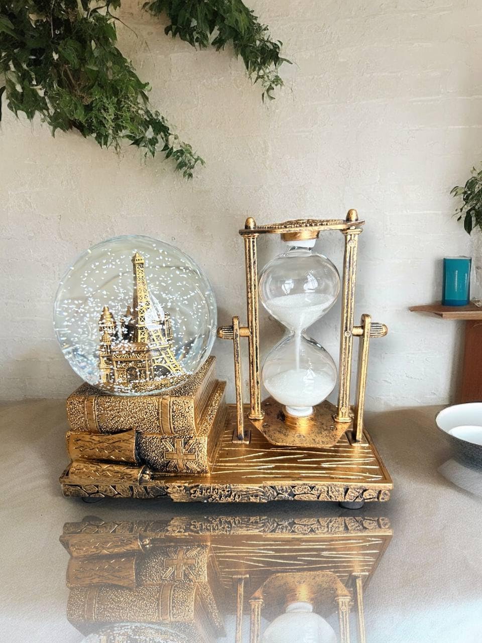 Crystal Snow Globes with Hourglass Timer & Led Music Vintage Brass Snow Crystal Ball Paris Eiffel Tower for Home Snowglobes Decoration Gifts(Pack of 1,Golden) (Paris Eiffel Tower)