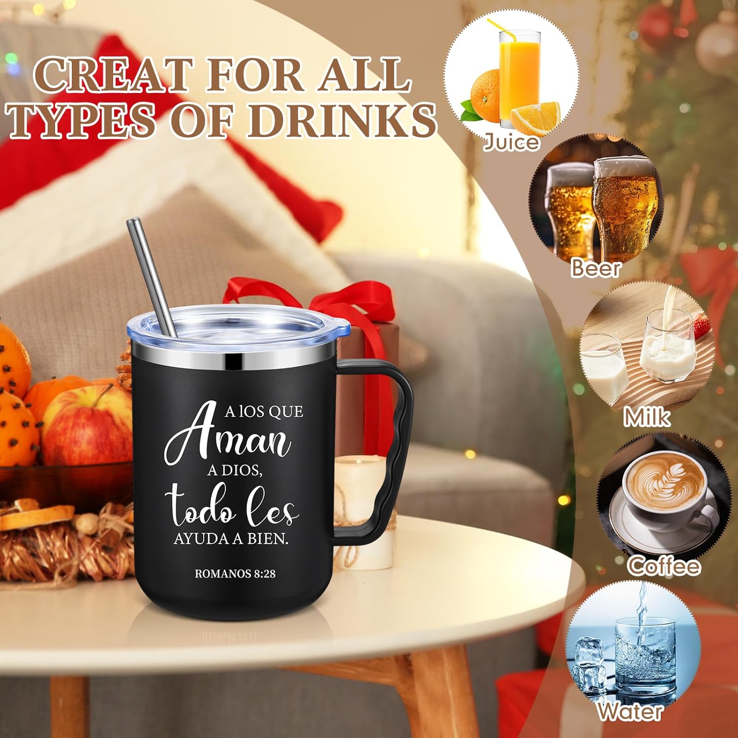 Sieral 12 Pcs Christian Coffee Mugs with Straw Lid 17 oz Religious Bible Verse Cups Stainless Steel Tumbler Employee Appreciation Gifts for Women Men Office Christmas(Black,Spanish) - Image 5