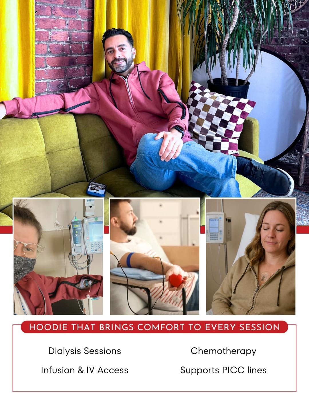 Inspired Comforts Dialysis Port Access Unisex Hoodie with Two Way Arm Access Zip - Image 6