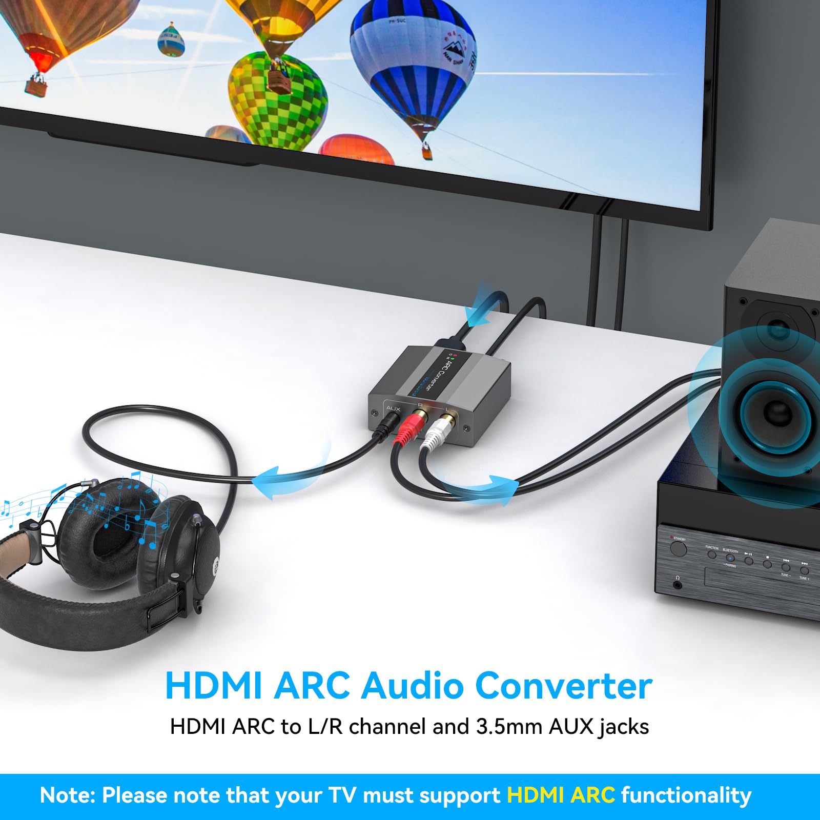 VEDINDUST HDMI ARC Adapter ARC Audio Extraktor RCA L/R 3,5 mm AUX Stereo mit USB-Netzversorgung & HDMI-ARC Kabel Aluminiumlegierung für PS4/5 HDTV Verstärker