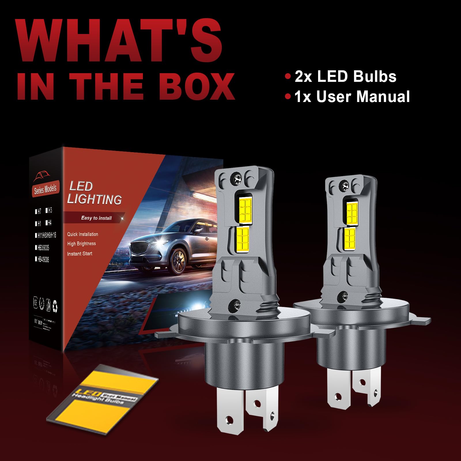AUXIRACER H4 LED, 6500K Bianco Freddo 30000LM luminosità 500%, H4 LED Lampadine Plug and Play,1:1 Mini Dimensioni, per Abbaglianti/Anabbagliante/Fendinebbia, 2Pezzi