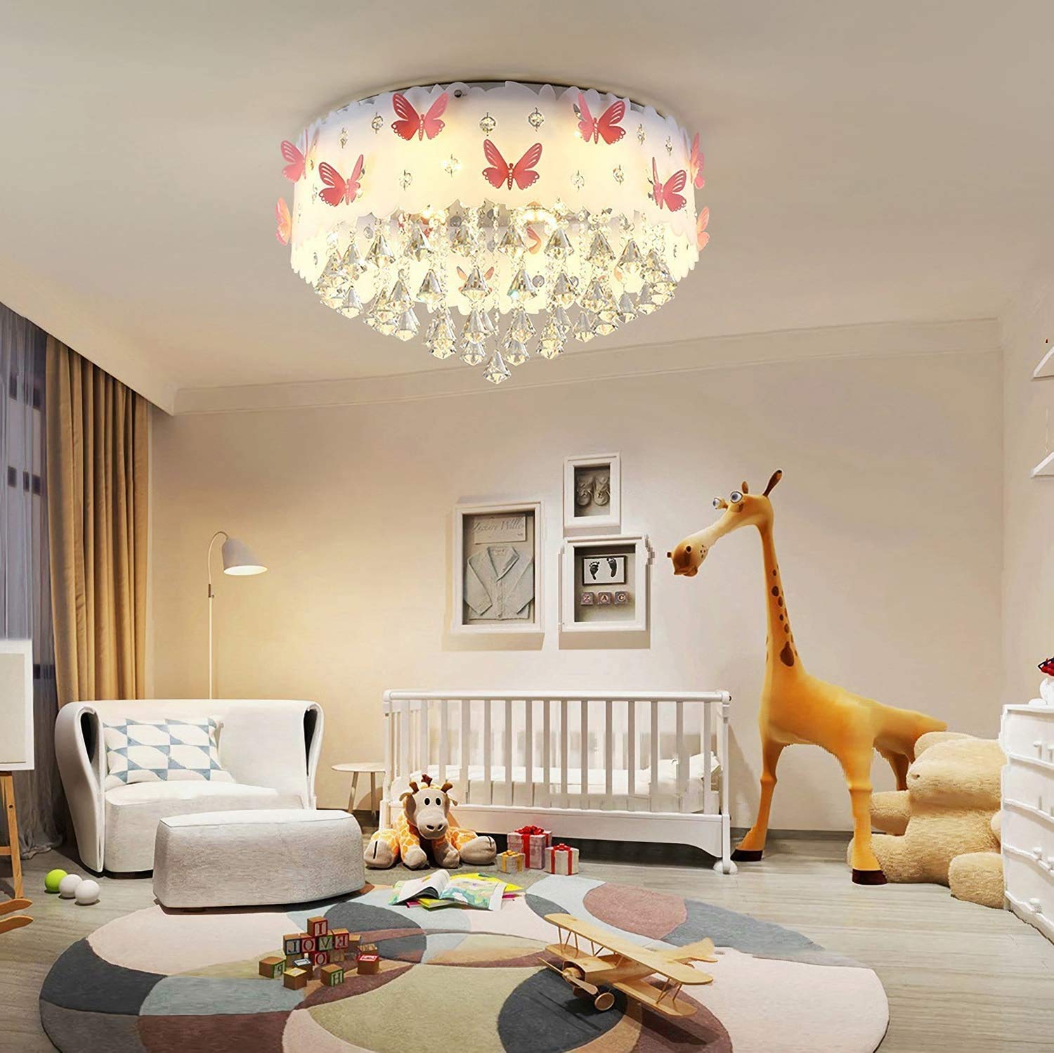 Plafoniera LED per cameretta per bambini, camera da letto, luce regolabile 3000 K - 6000 K con telecomando, bellissima lampada da soffitto con decorazione a farfalla rosa, lampadario in cristallo