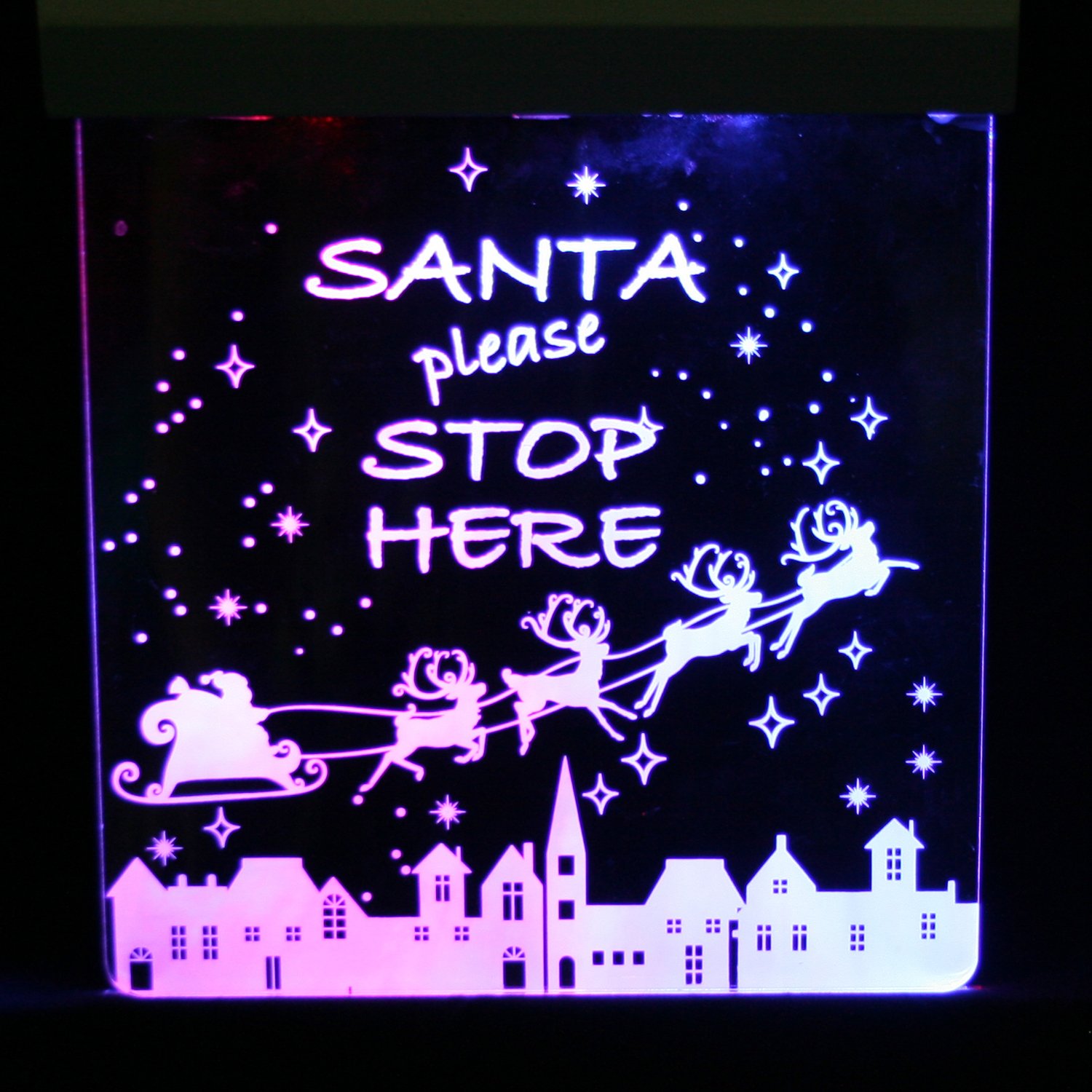 WeRChristmas Pre-Lit Santa Please Stop Here Colour Changing LED Illuminated Christmas Sign, 25 cm, Multi-colour