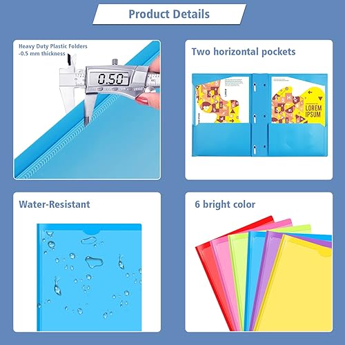 Miniatura 3 de INFUN Carpeta de Bolsillo de Plástico Resistente con Ganchos y Bolsillo Frontal Transparente - Paquete de 6, Carpetas de 3 Ganchos con Bolsillos y