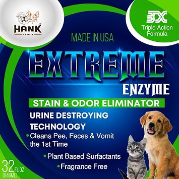 EXTREME ENZYME Stain & Odor Eliminator with Urine Remover. Triple action 2X bio-enzymatic cleaners and plant based surfactants cleans dog and cat waste and pee forever. FRAGRANCE FREE, safe for pets