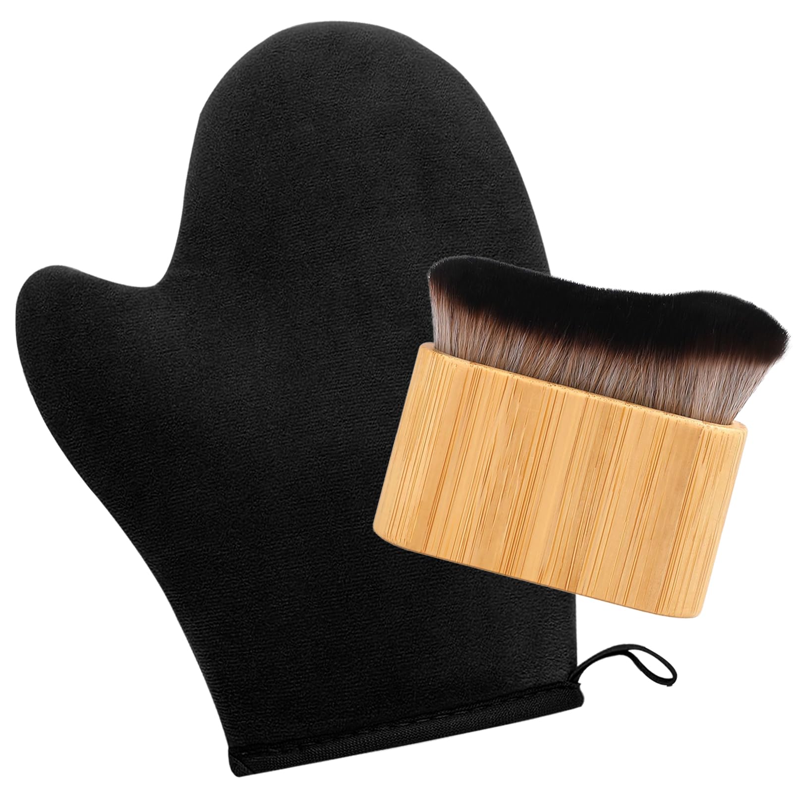 Self Tanning Mitt and Kabuki Brush 2 in 1 Set Double Sided Velvet Glove with Non Slip Grip and Ergonomic Applicator for Streak Free Sunless Tan Body