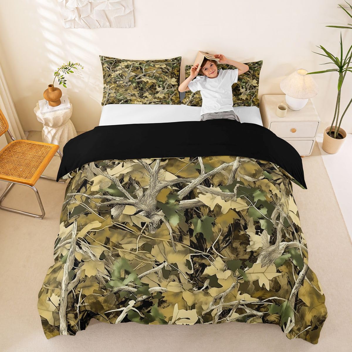 Homewish Camo King Pościel Rustykalny Dom Wiejski Zestaw Poszwa Na Kołdrę Gałęzie Kamuflaż Poszwa Na Kołdrę Liście Drzewa Domek Domek Domek Zestawy Łóżek