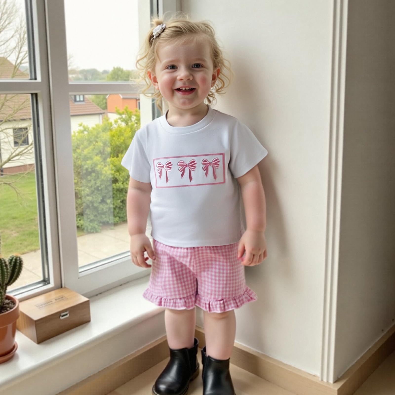 Bonangber Toddler Baby Girl Summer Clothes Bow Print Short Sleeve T Shirt Top Plaid Shorts Set Cute Girls Summer Outfits (A-Pink,2-3T)