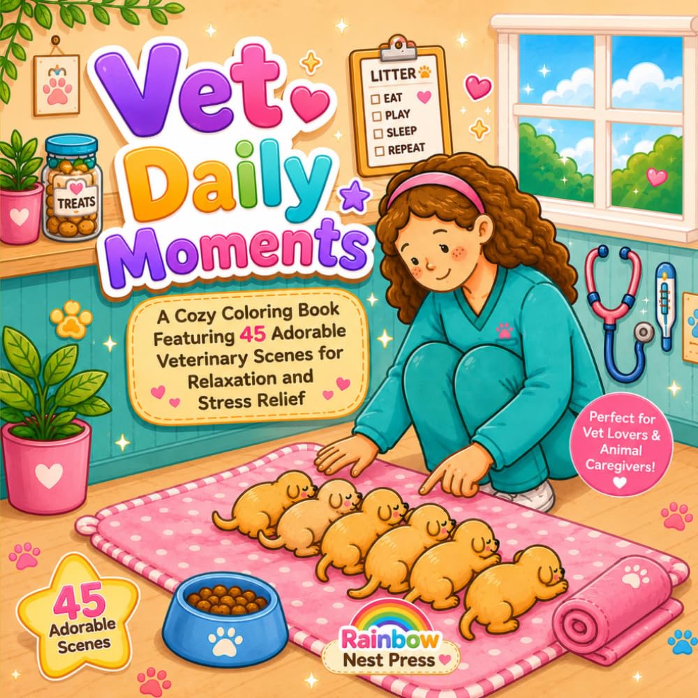 Vet Daily Moments: A Cozy Coloring Book Featuring 45 Adorable Veterinary Scenes for Relaxation and Stress Relief