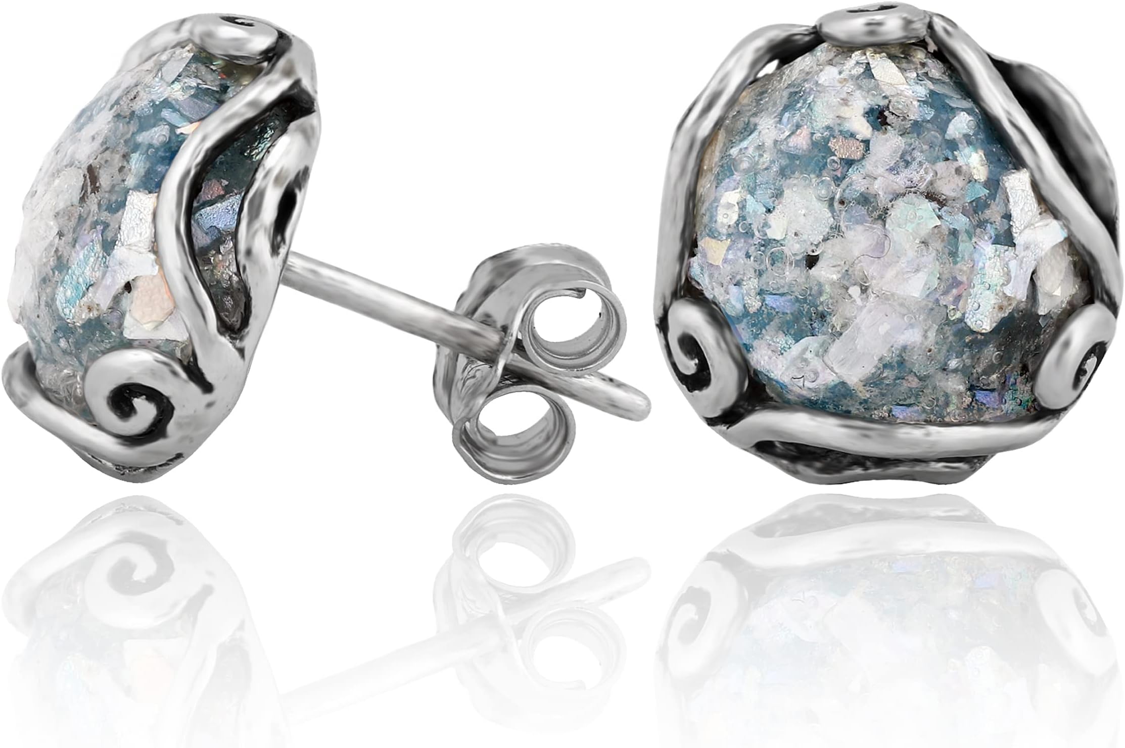 Paz Creations Women's 925 Sterling Silver Roman Glass Patina Stud Earrings - Handcrafted Round-Cut Ball Earring - Unique Natural Organic Jewelry For Her