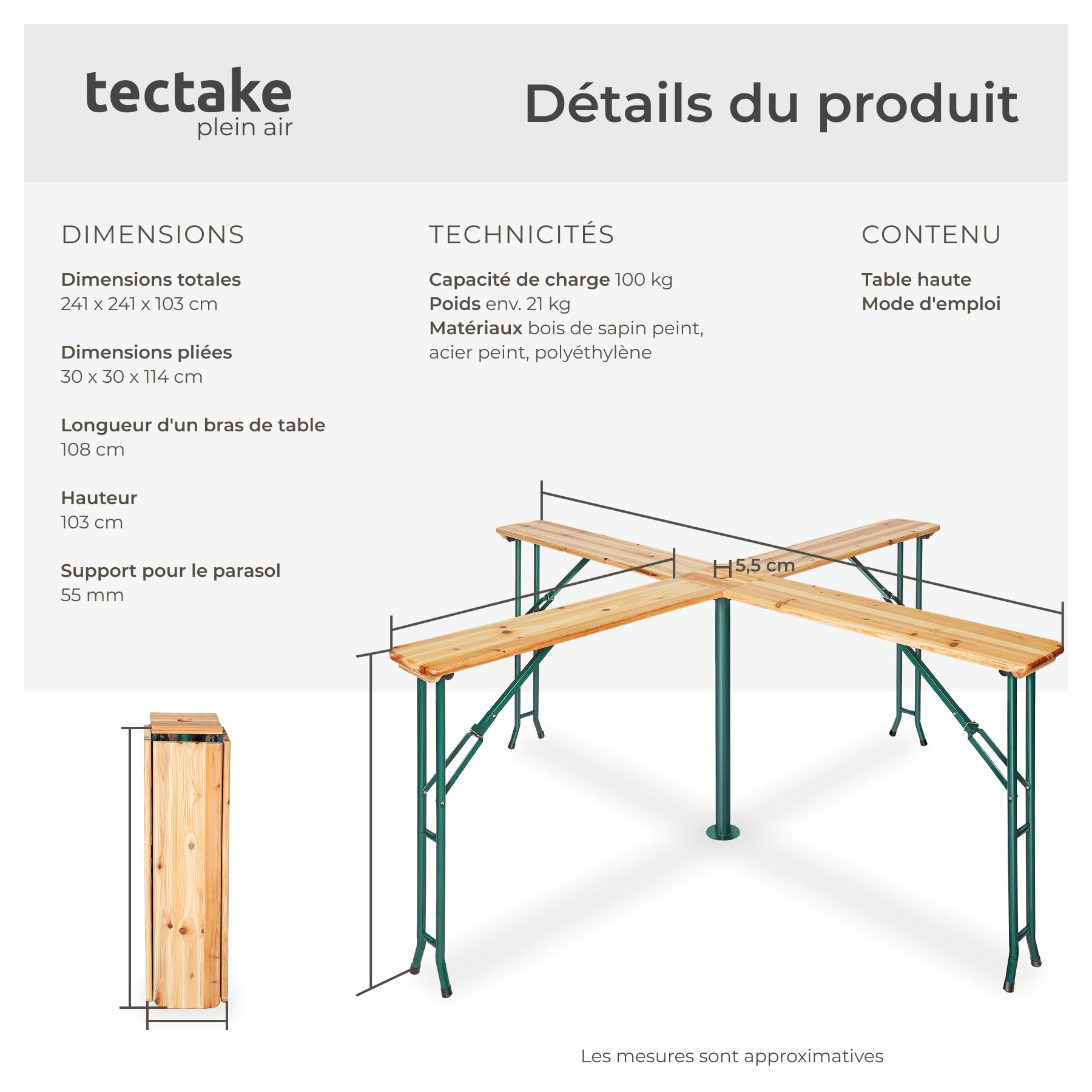 tectake® Table Haute Mange Debout Pliable en Bois & Acier laqué 241x241x103cm Table de Bar avec Porte Parasol, pour jusqu'à 20 Personnes, Réception Mariage Anniversaire Fête de Jardin