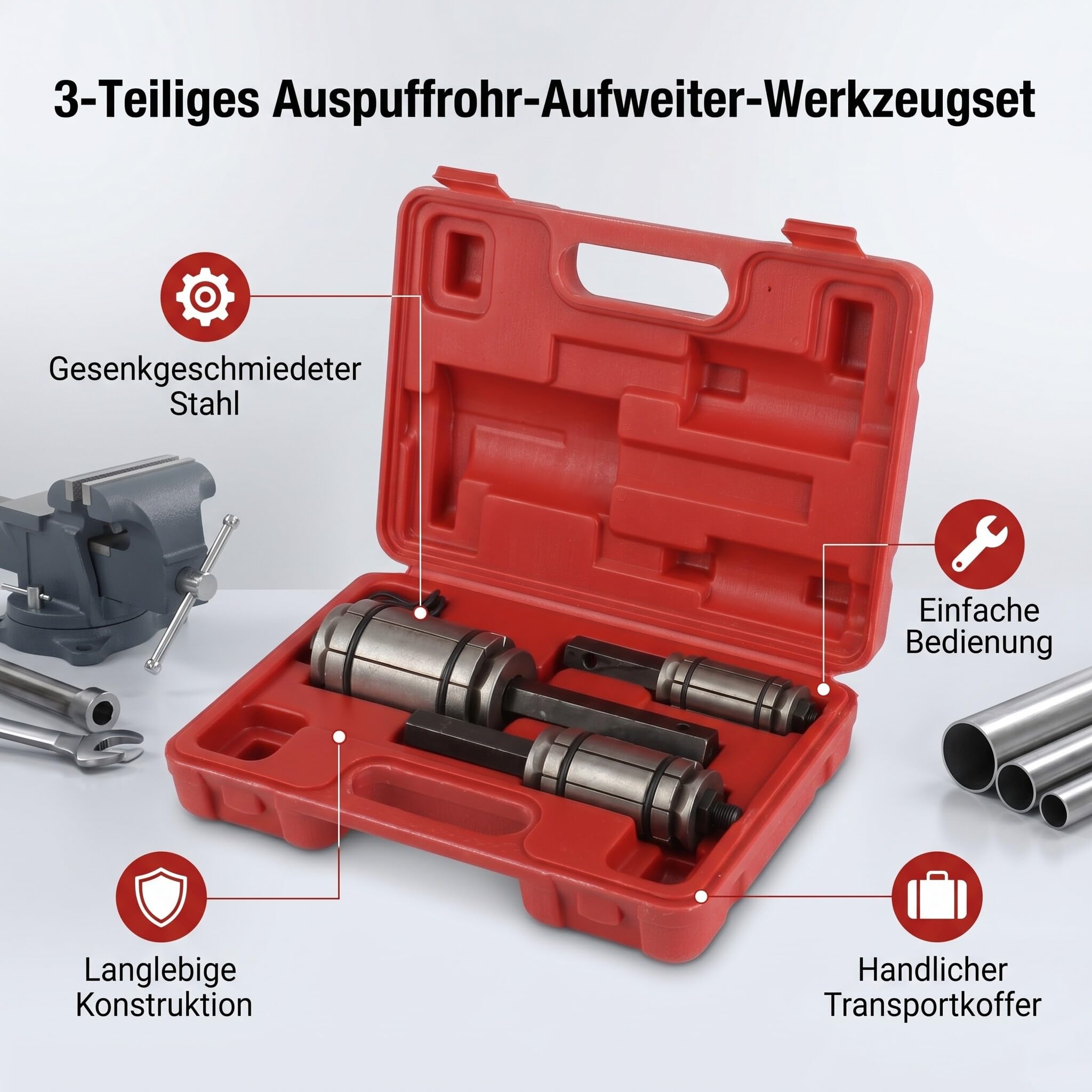 Rohrspreizer Set 3-teilig, Auspuff Endrohr Expander, Rohrausweiter für Schalldämpfer, Werkzeugset für Rohrmontage