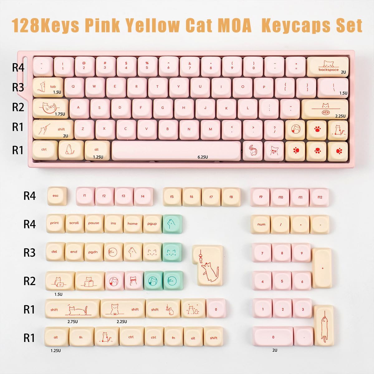 MOA Profile PBT Keycaps, Cute Pink Cat Keycaps Set, 128 Keys Custom Round Keyboard Cap, Dye-Sublimation Minimalist Key Cap Comaptible with 61/64/87/104/108 Cherry MX Switches Mechanical Keyboards