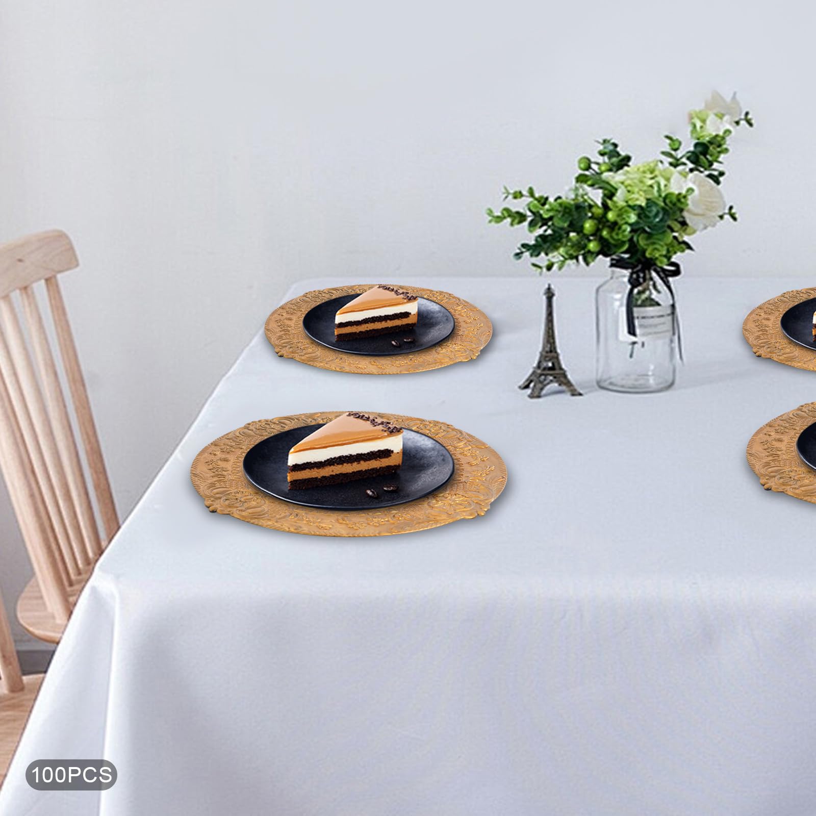 100 Stück Goldene Wiederverwendbare Platzteller, 33cm (Muster-A) | European Retro Einfarbige Unterteller, Runde Mehrweg Servierteller für Hochzeit, Party, Restaurant