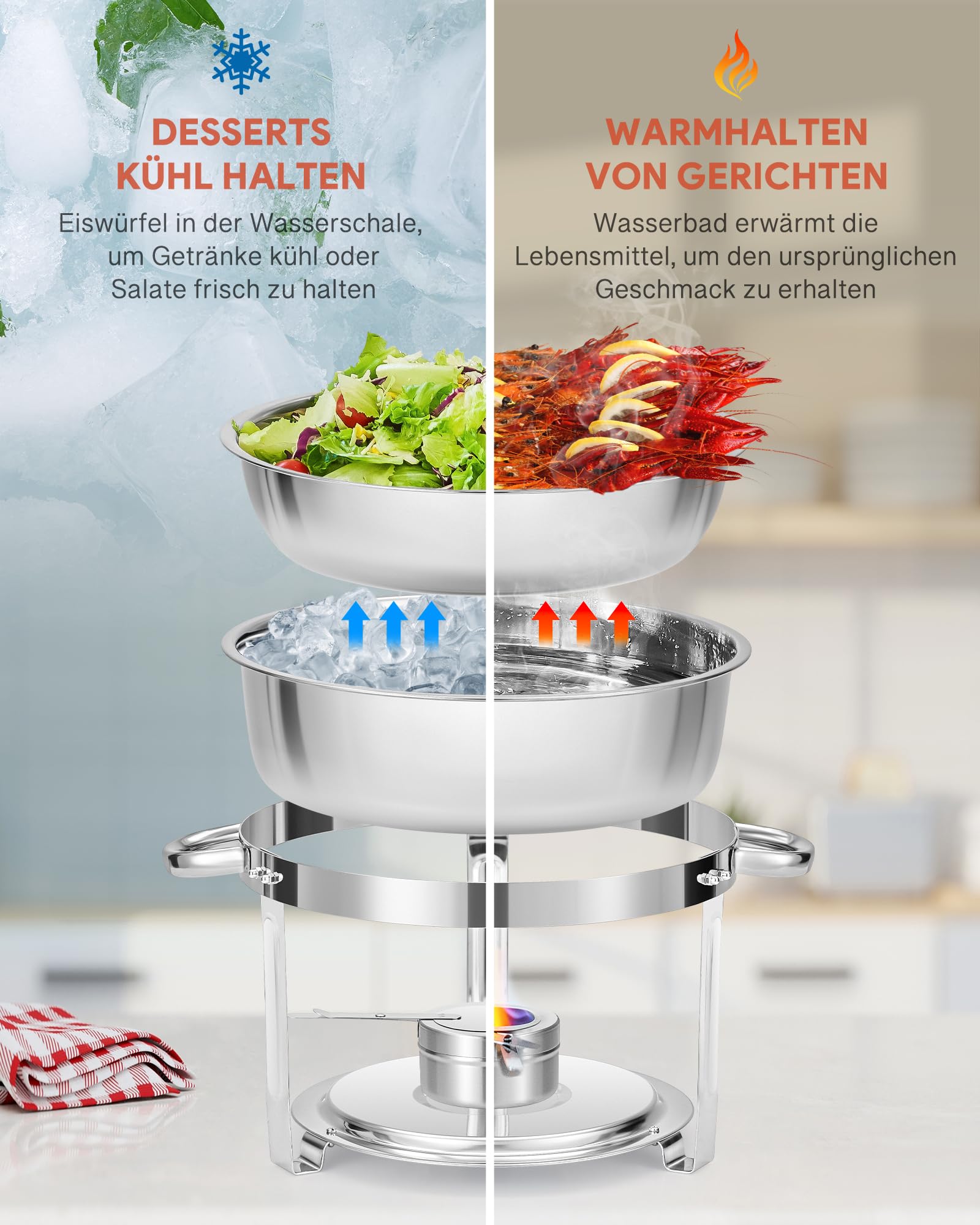 Wilprep 5,5L 4er-Set Rund Chafing Dish Set, Edelstahl-Speisenwärmer, Suppenwärmer & Bain Marie, Warmhaltebehälter für Restaurants, Buffets und Schulen