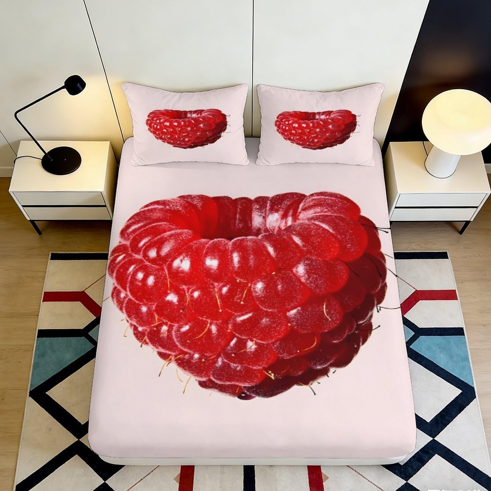 3D Printed Raspberry Fitted Sheet Microfiber Soft Breathable Red Berry Bed Cover for Bedroom Dormitory Guest Room Mattress Protection Decor 160x200x25cm