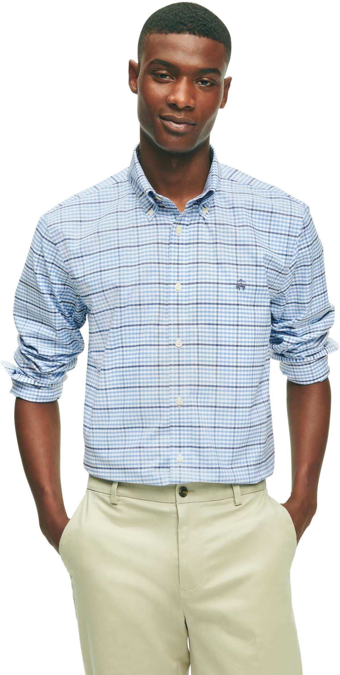 mens Non-iron Stretch Oxford Long Sleeve Gingham Check Sport Shirt Button Down Shirt