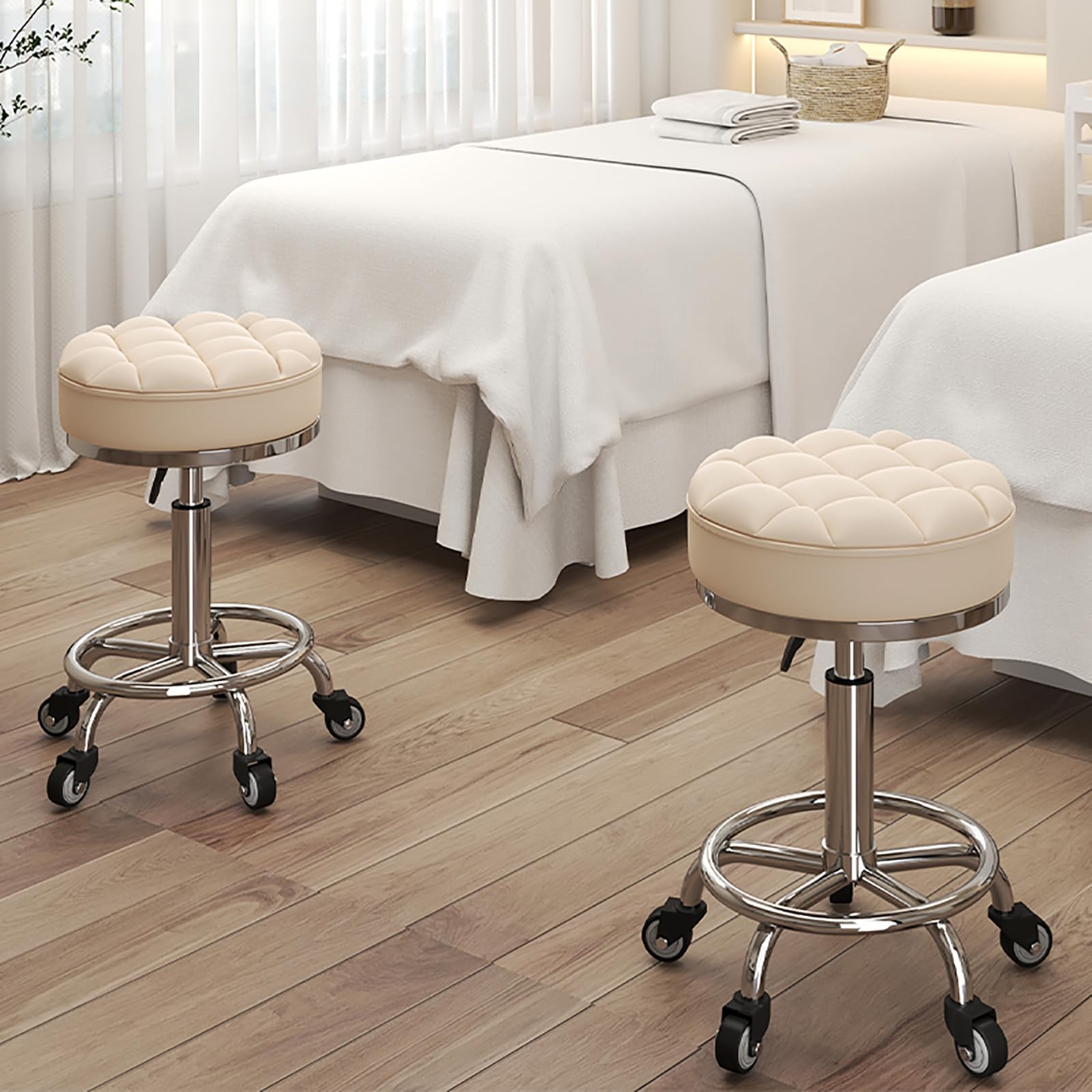 Taboret z kółkami, obrotowy stołek kreślarski ze skóry PU, regulacja wysokości 44-55 cm, do użytku domowego i salonu