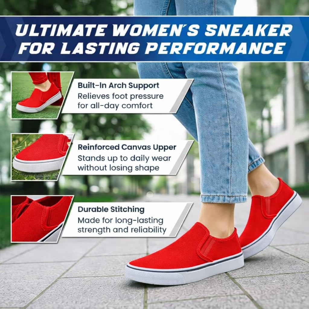 Emma Shoes Low-Top Slip Ons Women's Fashion Sneakers Casual Canvas Sneakers for Women Comfortable Flats Breathable Padded Insole Slip on Sneakers Women Low Slip on Shoes, Red, 8