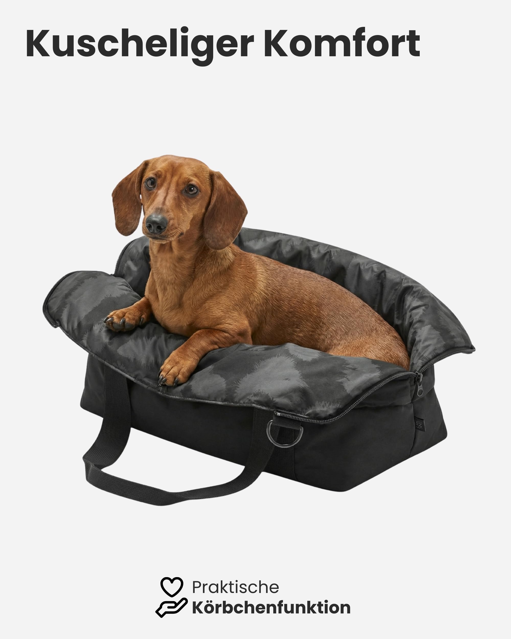 Larkson Hundetragetasche Schwarz - Frida - Aufklappbare Hundetasche für Kleine Hunde bis 10kg - Transporttasche für Hunde & Katzen - Unterwegs als Körbchen Nutzbar