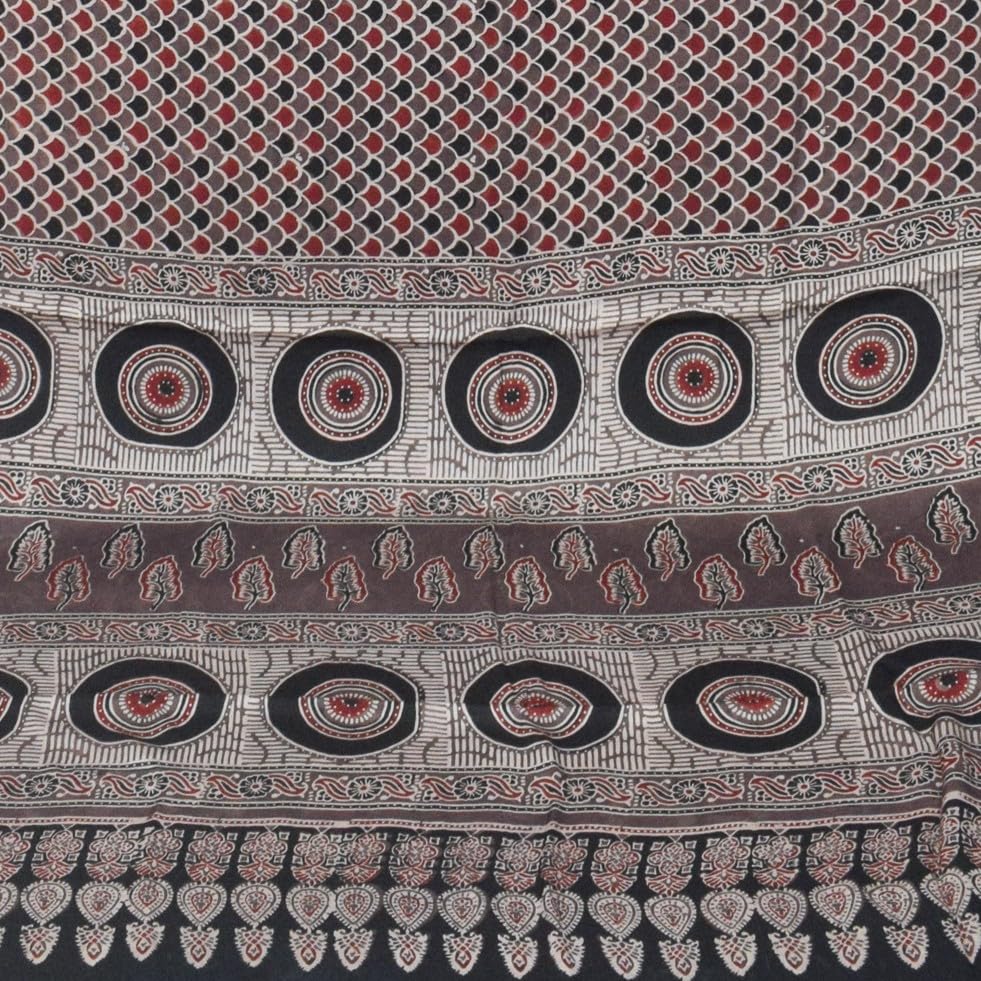 Image of Ethnics of Kutch Womenss Ajrakh Modal Silk Natural Dye Hand Block Print Saree with Blouse Piece - 5.5 Mtr Length