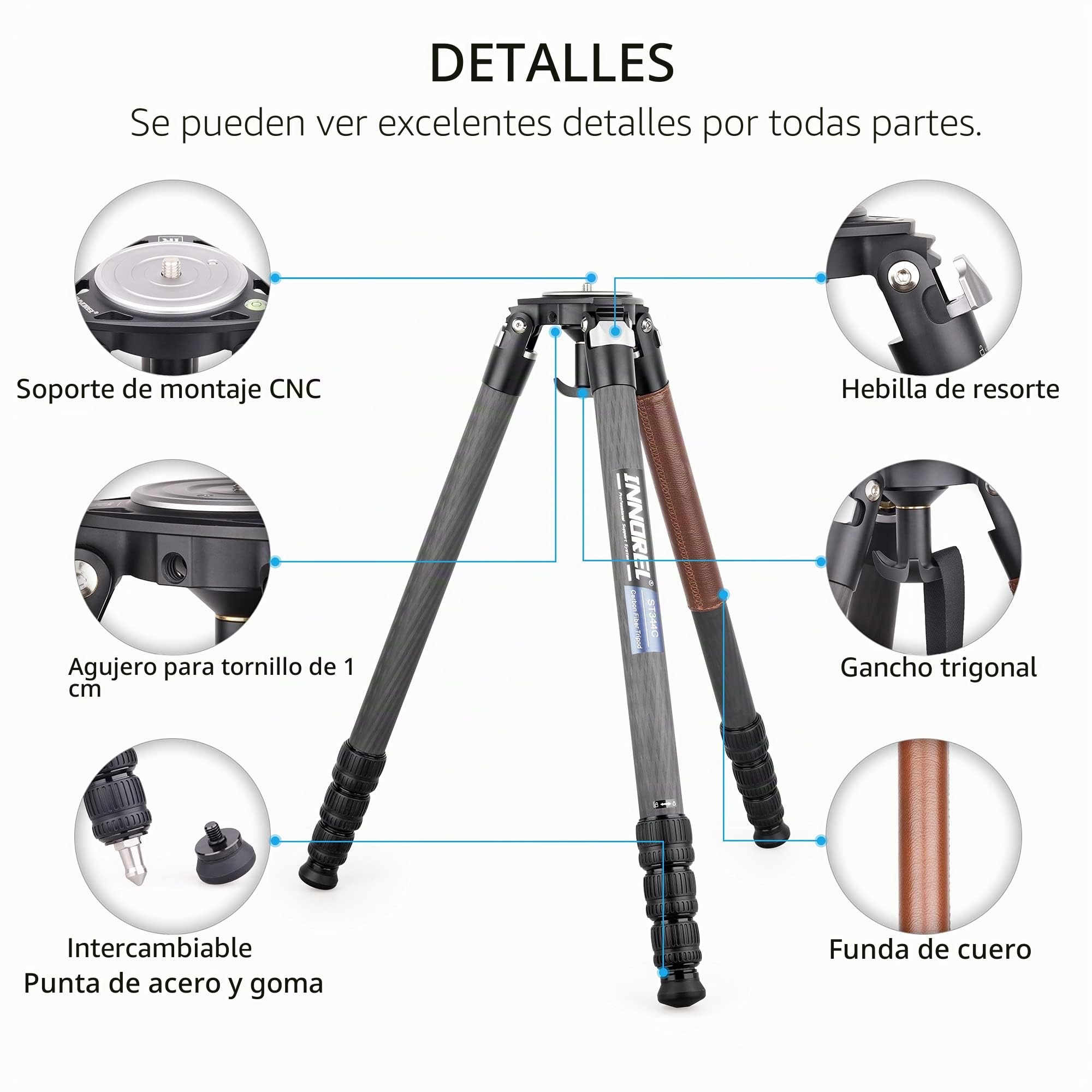 Trípode de Fibra de Carbono de 4 Secciones, INNOREL ST344C 160cm Trípode Profesional para Cámara, Accesorios de Fotografía, con 75 mm de Adaptador, Tubo Máximo 34mm, Carga máxima de 35 kg