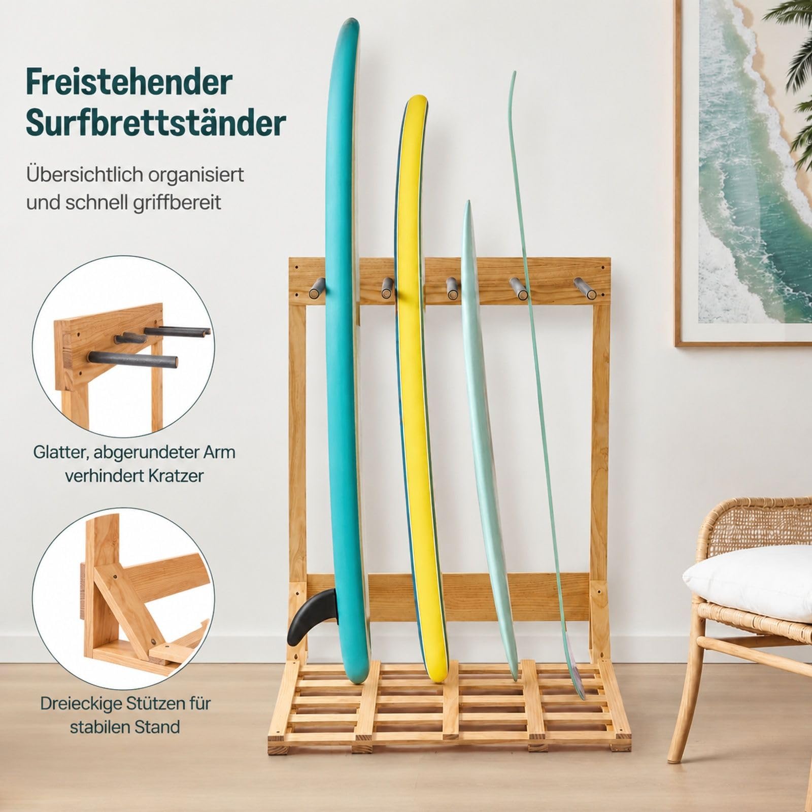 Vertikaler Surfbrettständer aus Holz, freistehendes 4-stufiges Boardregal zur Aufbewahrung und Präsentation für Snowboards, Wakeboards, Kitesurfs, Shortboards und Skier