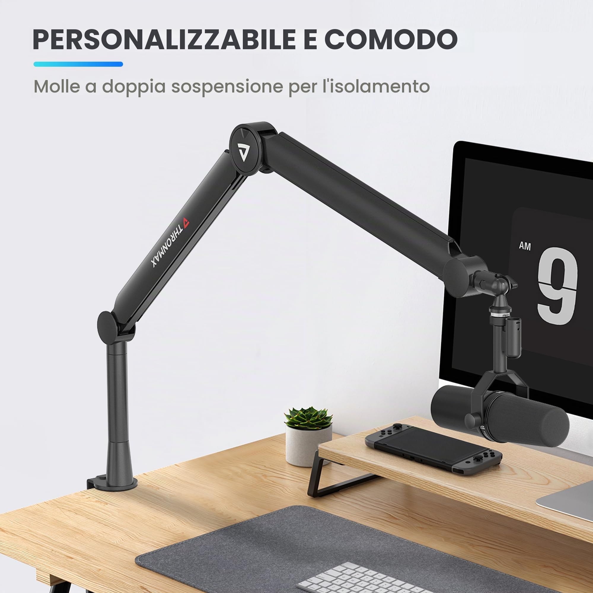 Thronmax Twin-S8 Braccio boom Microfono, Supporto per microfono a forbice regolabile a 360° con cavo integrato in Metallo robusto per Blu Yeti, Universale da 1/4"，3/8" a 5/8"(Nero)