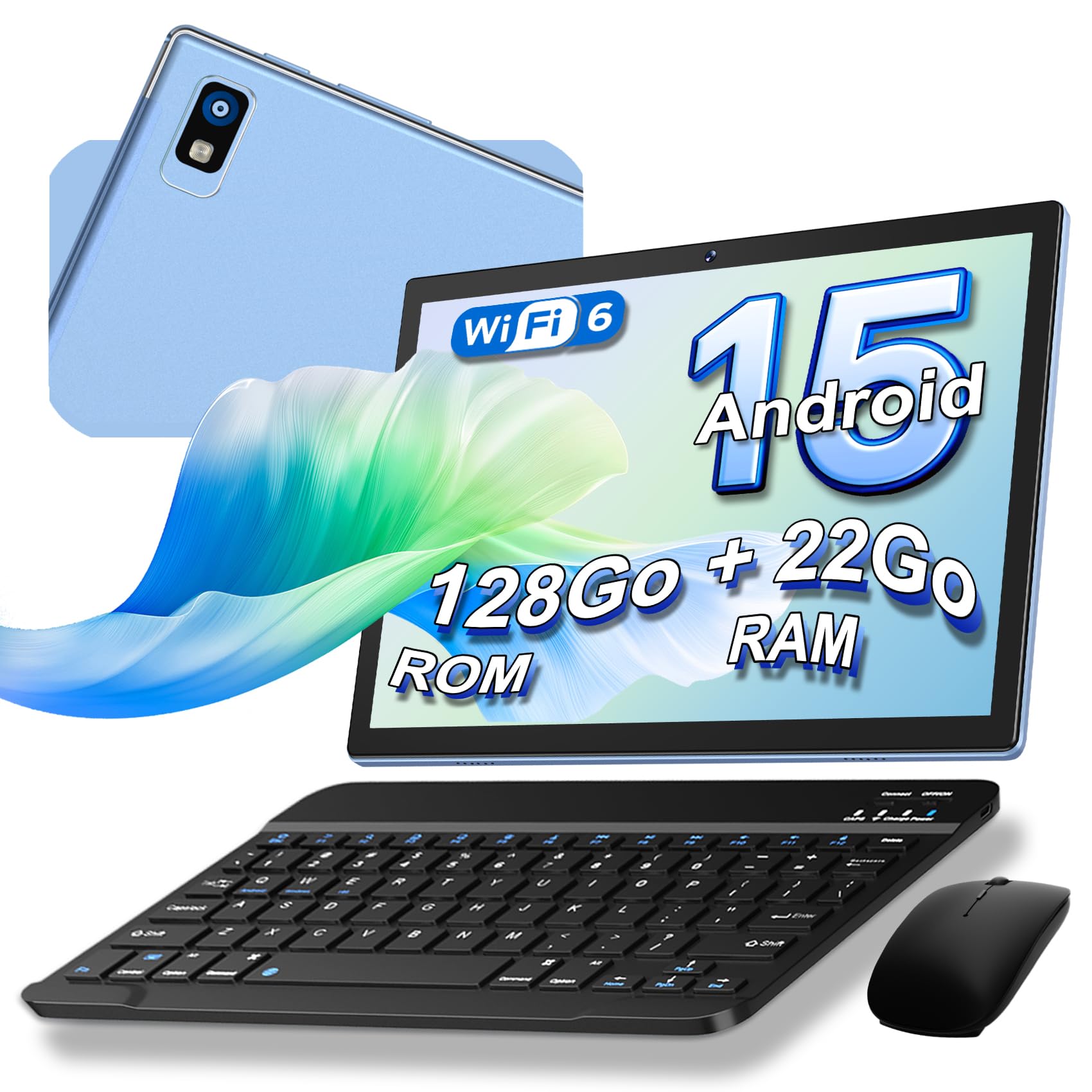 Tablette 10 Pouces Android 15, 22Go RAM + 128Go ROM (1To TF), Octa-Core, 8000mAh, Widevine L1, WiFi-6, Face ID, GPS, BT 5.0, Corps métallique, Tablette Tactile avec Clavier + étui de protection, Bleu
