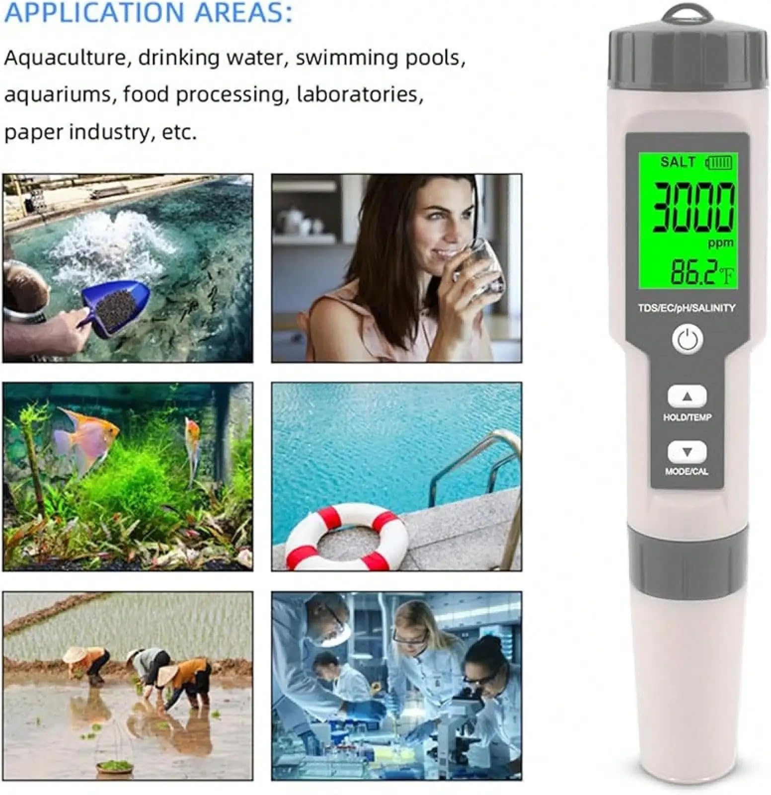 Testeur de sel numérique for Aquarium, salinomètre 5 en 1 avec pH, TDS, EC et température, Outil Test précis for Piscine Eau salée Précision portative