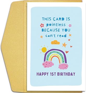 Qiliji Funny First Birthday Card for Son Daughter, Happy 1st Birthday Card for Baby Girl Boy, One Year Old Birthday Card for Grandson Granddaughter Niece Nephew