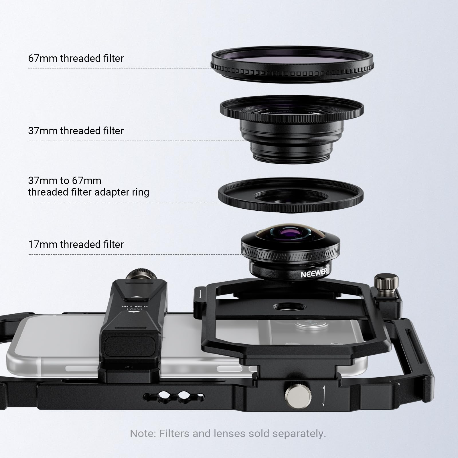 NEEWER PA058 Uniwersalna klatka na telefon stabilizator wideo z adapterem filtra obiektywu 17 mm do 37 mm i 67 mm akcesoria pierścieniowe kompatybilne z iPhone Android Samsung do nagrywania wideo
