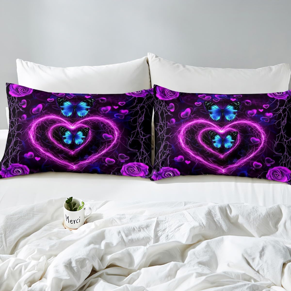 Feelyou Purple Heart Shape Bed Sheet Set Full Size Couple Lover Fitted Sheet Rose Floral Flower Romantic Bedding Set for Room Decor Butterfly Bed Cover Deep Pocket(No Top Sheet) with 2 Pillow Case
