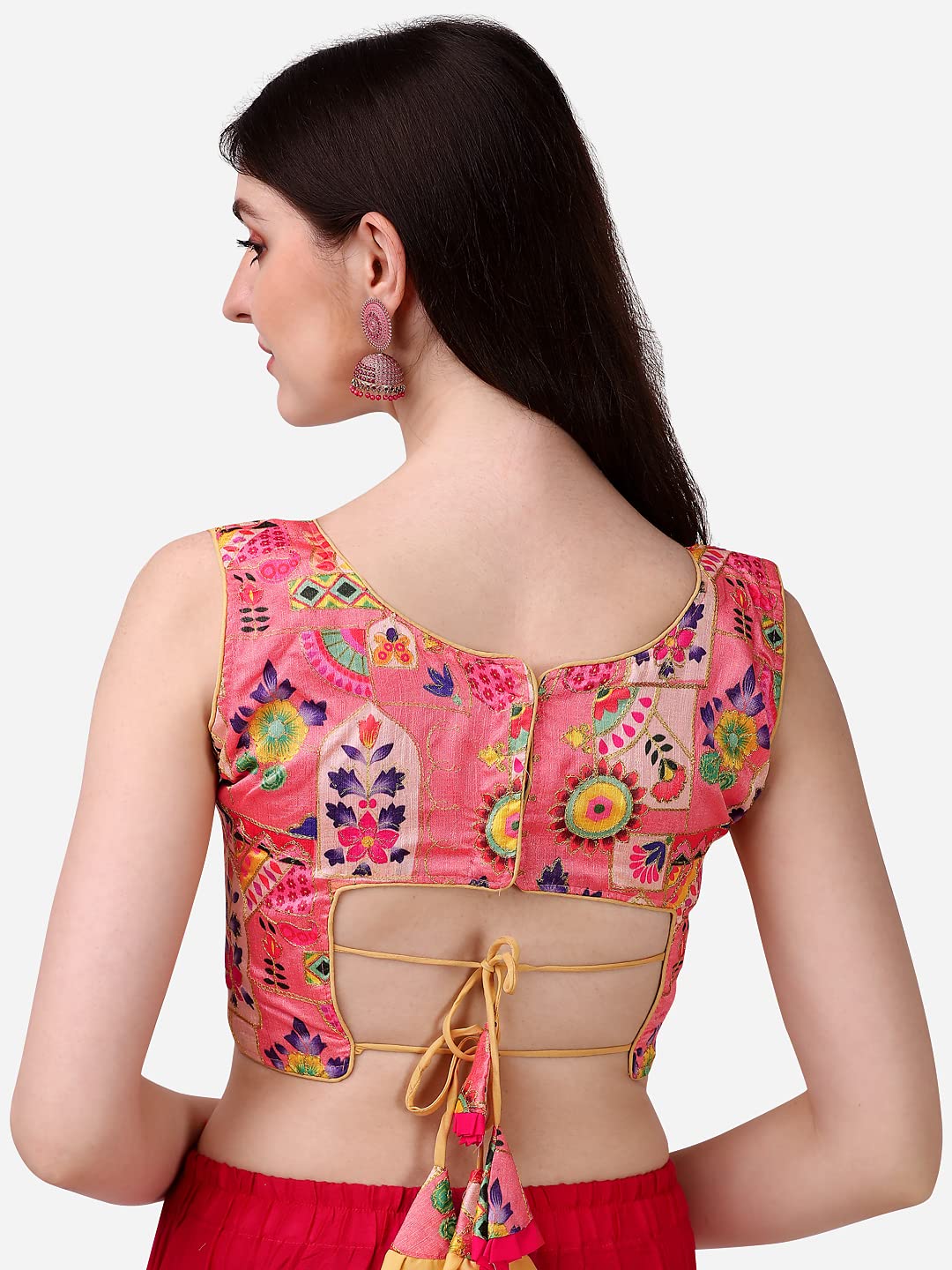 Pujia Mills Women's Phantom Silk Floral Sleeveless Saree Blouse (Peach, 34)