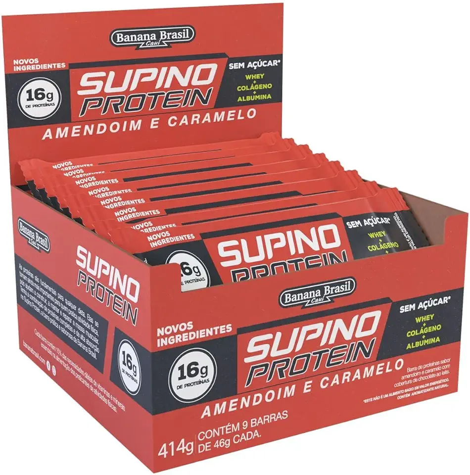 Banana Brasil Display Supino Protein Amendoim Com Caramelo Max Caixa Com 9 Unidades De 46G