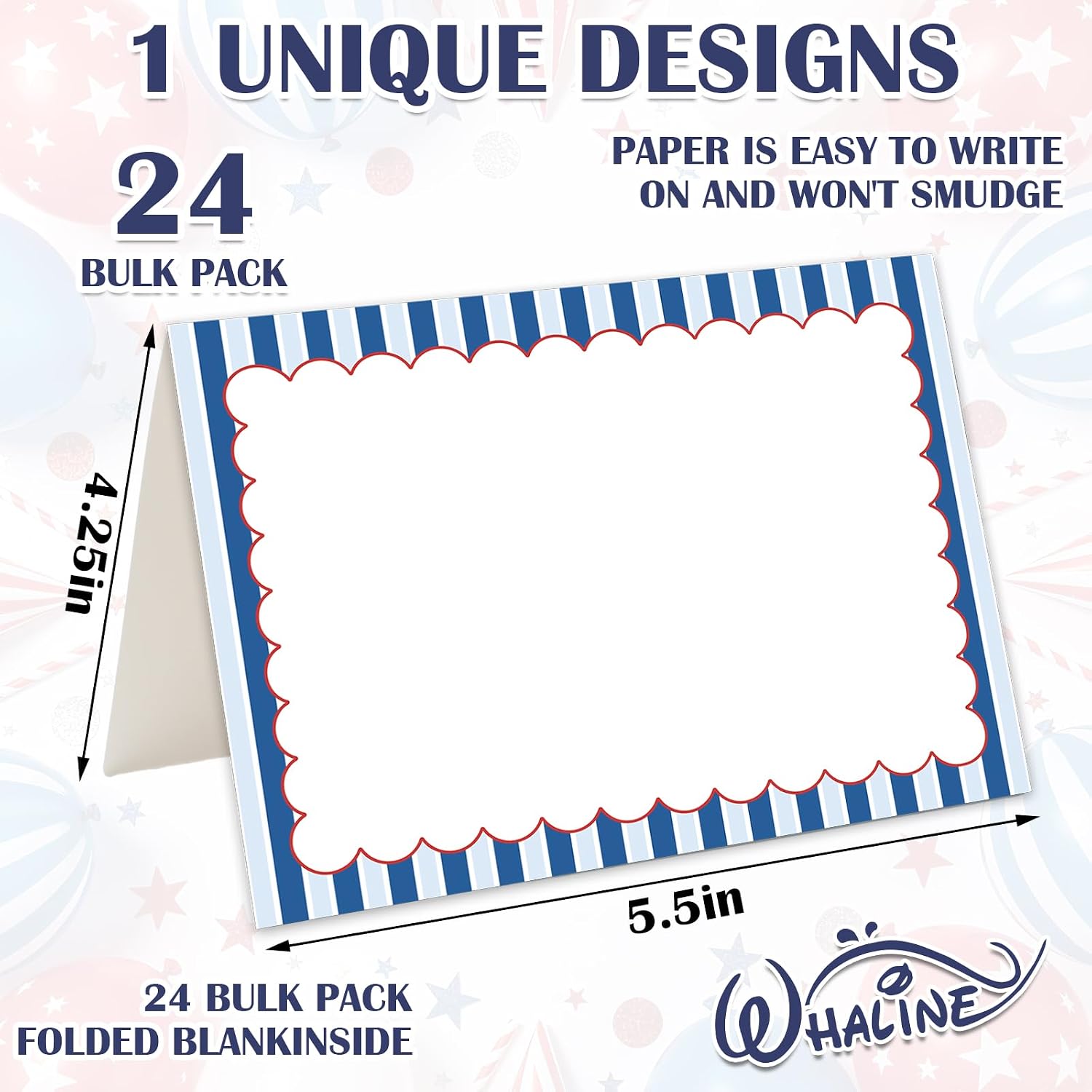 Whaline 24 Packs Patriotic Stationery Cards 4th of July Blank Note Cards Red Blue Star Striped Greeting Card with Envelopes and Stickers for Independence Day Party Supplies