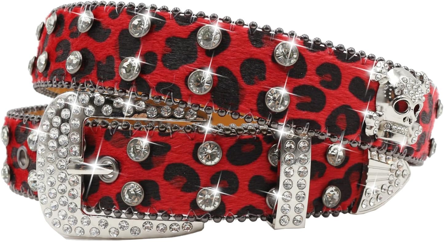 Rhinestone Skull Belt Men Women Skull Leopard Belt Punk Studded Skulls Belts Western Cowgirl BB Belts Y2k