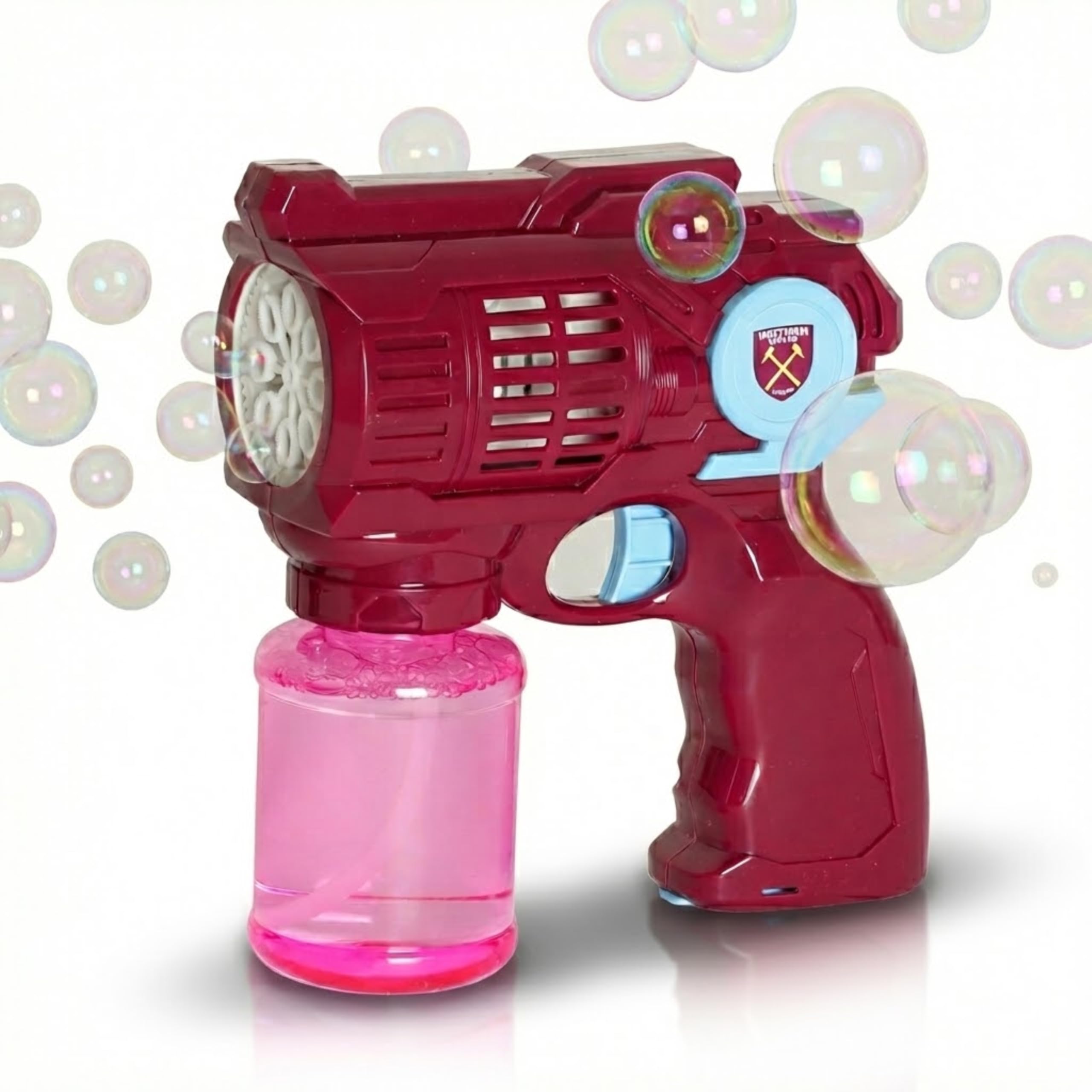 Officially Licensed West Ham United Bubble Gun – Claret & Blue Club Crest Bubble Maker Toy for Hammers- COYH + With Solution