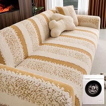 Fuzzy Sofa Cushion,Funny Faux Fur Couch Cover,Fluffy Plush Striped Furniture Protector Couch Cover, Fuzzy Chenille Couch Covers for Sofa Yellow,90-140cm/35.4-55in