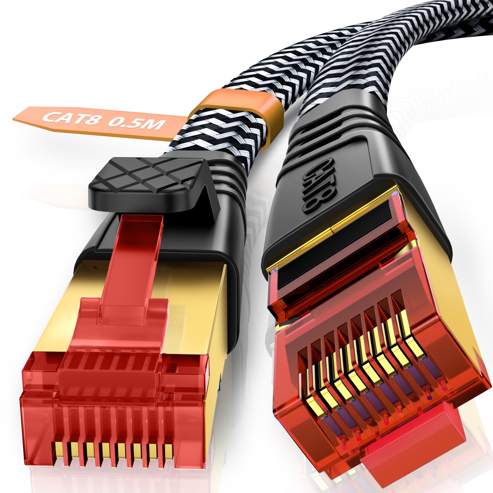 Kabel Ethernet Cat 8 0,5 m, kabel internetowy RJ45, superprzepustowość 40 Gbps 2000 MHz S/FTP, płaski nylonowy kabel LAN kompatybilny z routerem Switch TV Box Internet (0,5 m)